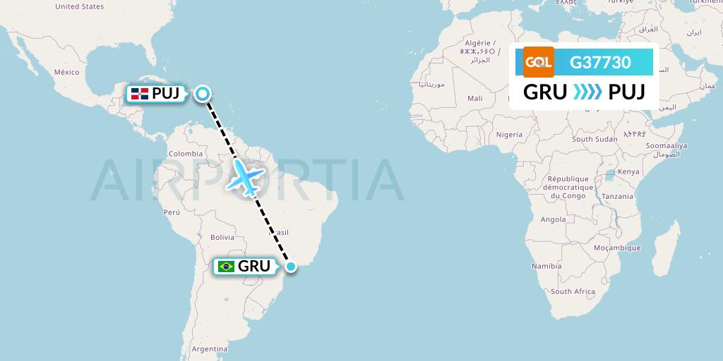 G37730 GOL Transportes Aeros Flight Map: Sao Paulo to Punta Cana