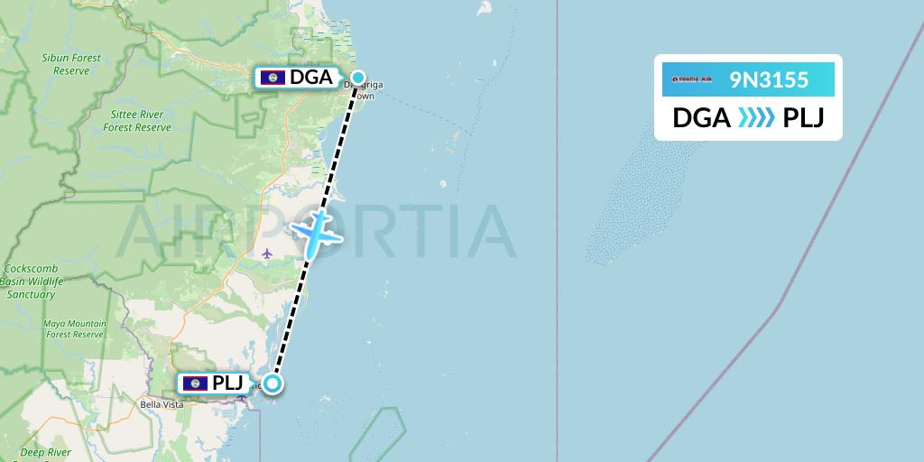 9N3155 Tropic Air Flight Map: Dangriga to Placencia