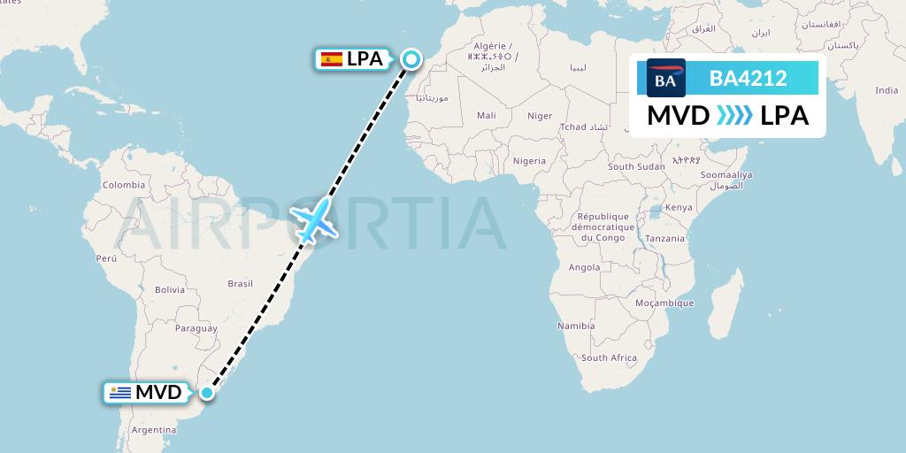 BA4212 British Airways Flight Map: Montevideo to Las Palmas
