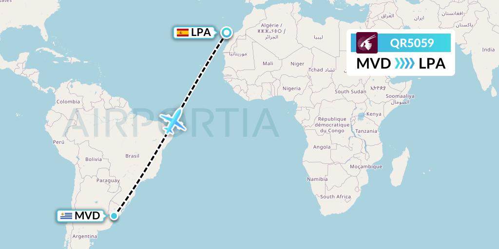 QR5059 Qatar Airways Flight Map: Montevideo to Las Palmas