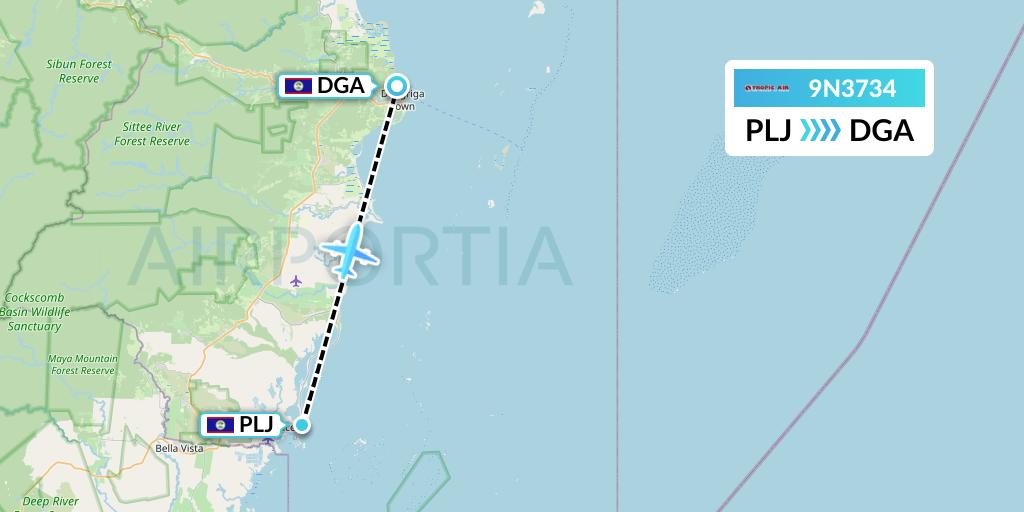 9N3734 Tropic Air Flight Map: Placencia to Dangriga