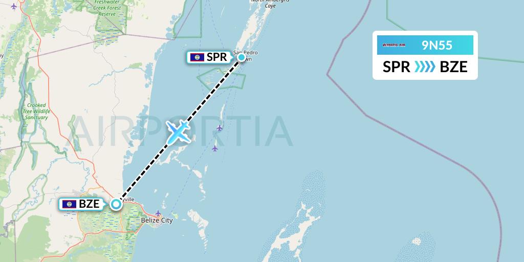 9N55 Tropic Air Flight Map: San Pedro to Belize City