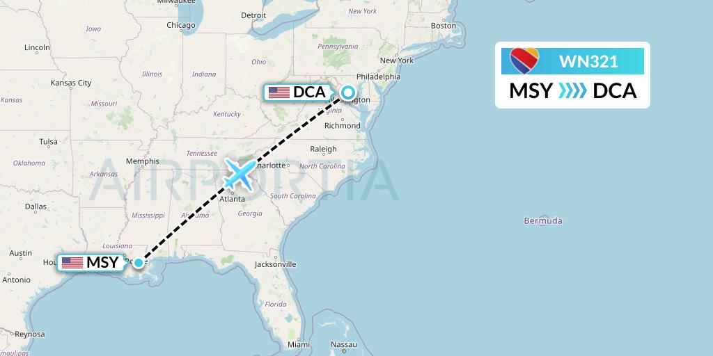 WN321 Southwest Airlines Flight Map: New Orleans to Washington
