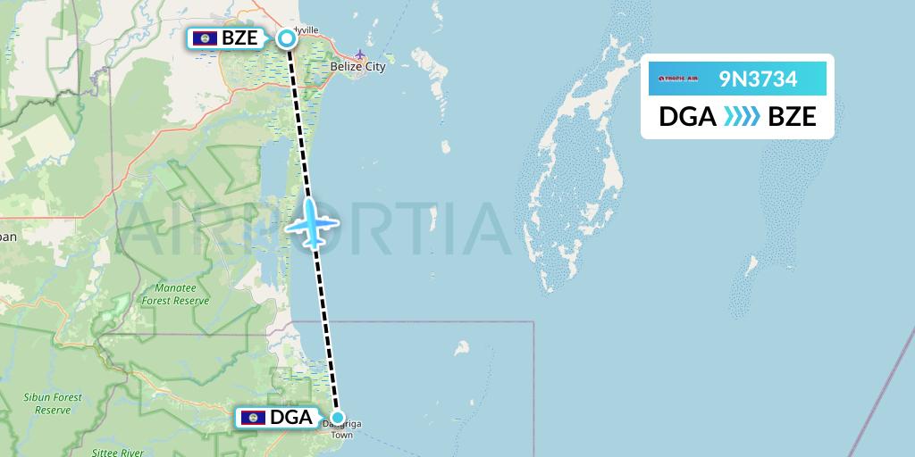 9N3734 Tropic Air Flight Map: Dangriga to Belize City