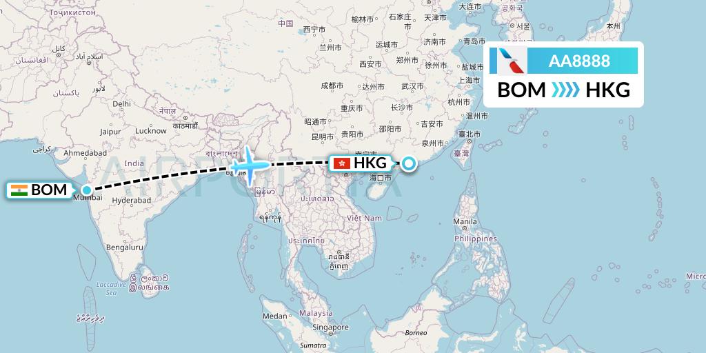 AA8888 American Airlines Flight Map: Mumbai to Hong Kong
