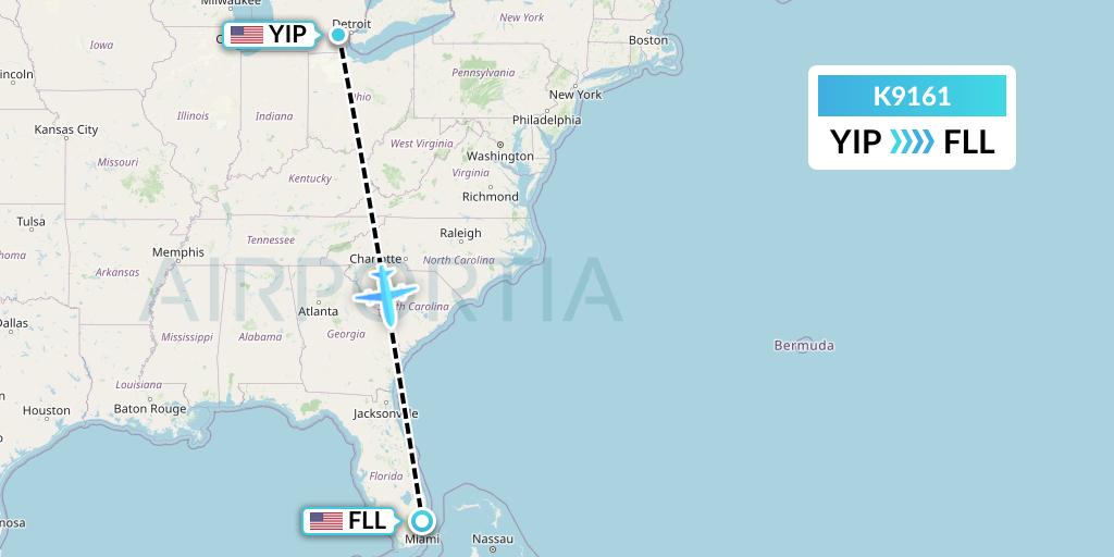 K9161 Kalitta Charters Flight Map: Detroit to Fort Lauderdale