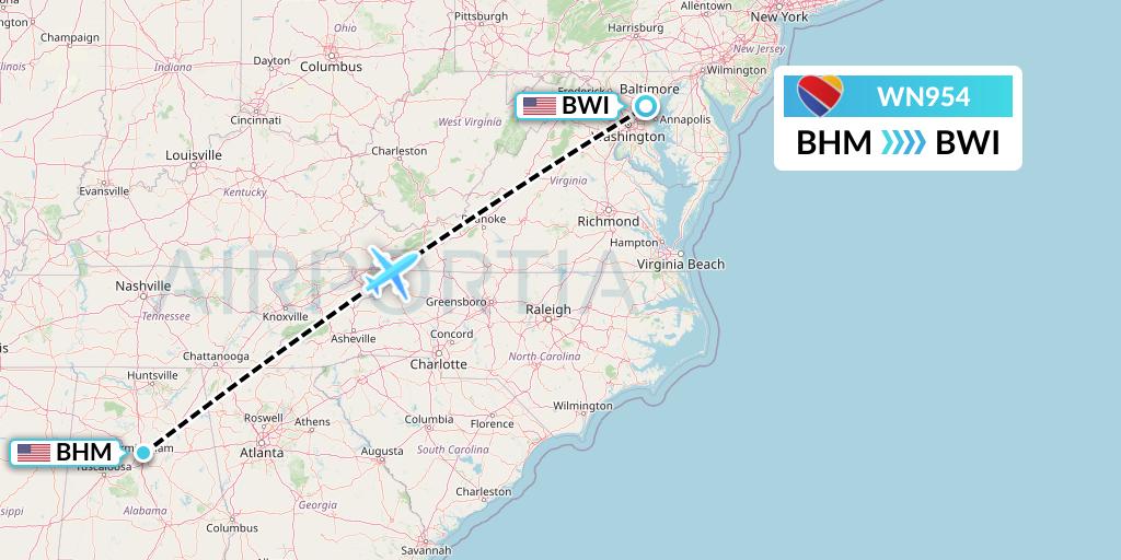 WN954 Southwest Airlines Flight Map: Birmingham to Baltimore