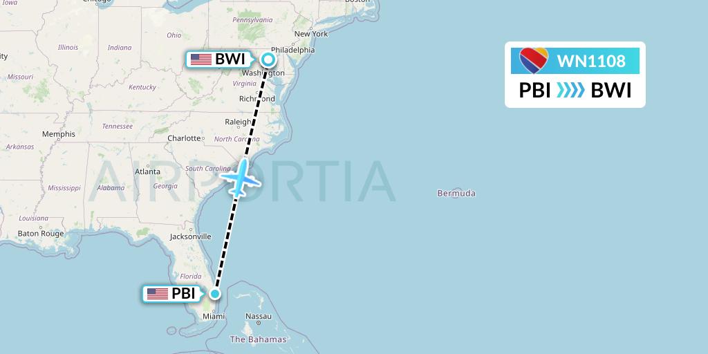 WN1108 Southwest Airlines Flight Map: West Palm Beach to Baltimore