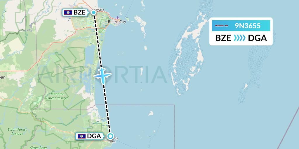 9N3655 Tropic Air Flight Map: Belize City to Dangriga