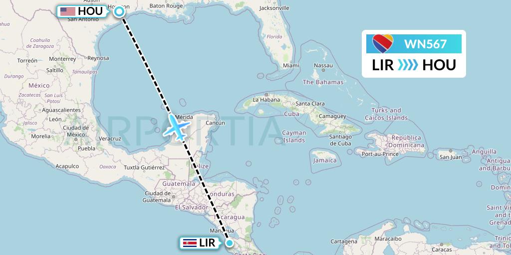 WN567 Southwest Airlines Flight Map: Liberia to Houston