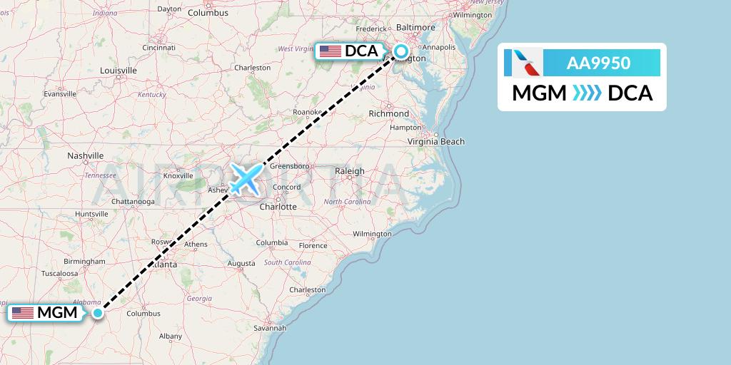 AA9950 American Airlines Flight Map: Montgomery to Washington