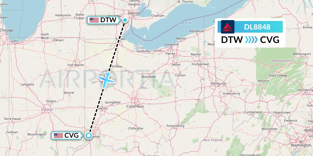 DL8848 Delta Air Lines Flight Map: Detroit to Cincinnati