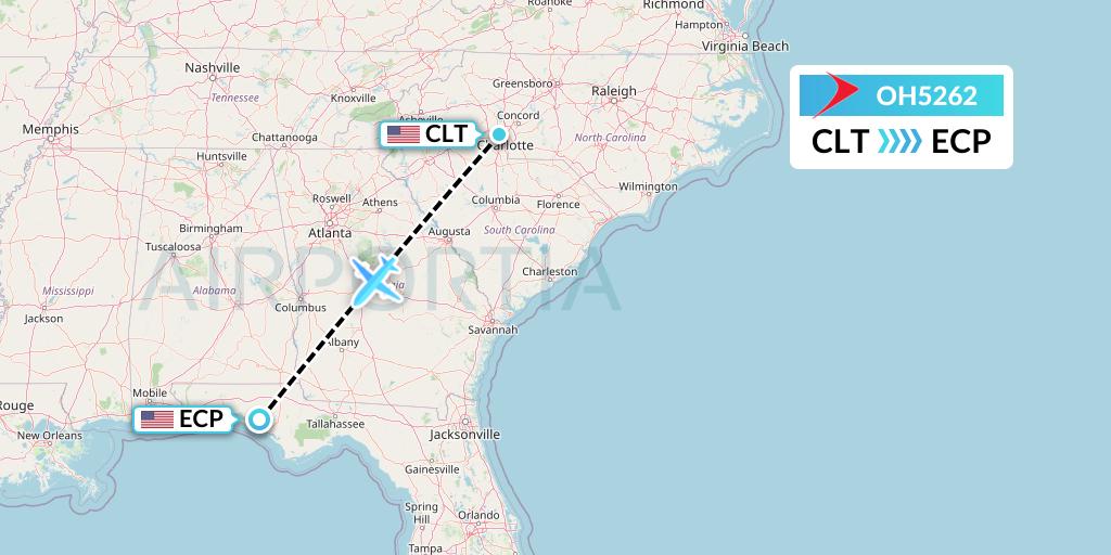 OH5262 PSA Airlines Flight Map: Charlotte to Panama City