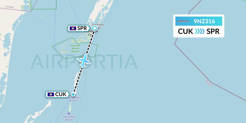 9N2316 Tropic Air Flight Map: Caye Caulker to San Pedro