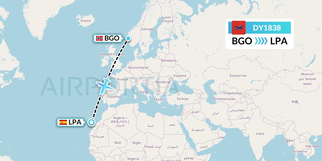 DY1838 Norwegian Flight Map: Bergen to Las Palmas