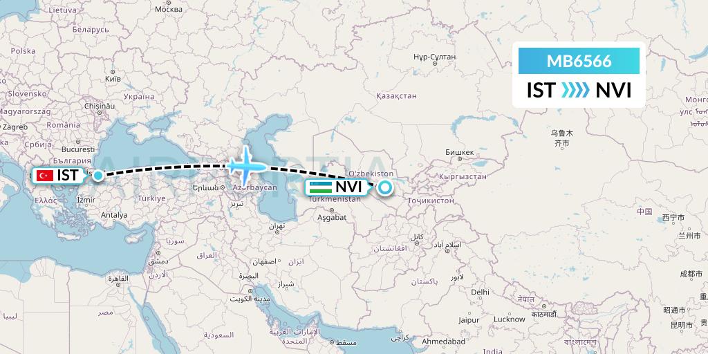 MB6566 MNG Airlines Flight Map: Istanbul to Navoiy