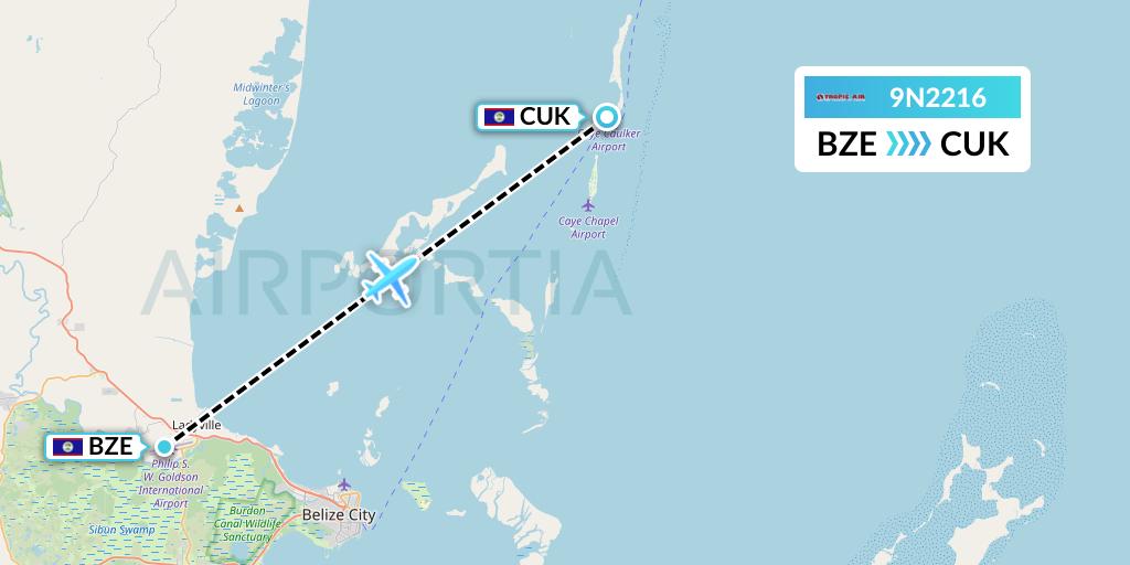 9N2216 Tropic Air Flight Map: Belize City to Caye Caulker