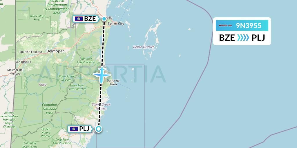 9N3955 Tropic Air Flight Map: Belize City to Placencia