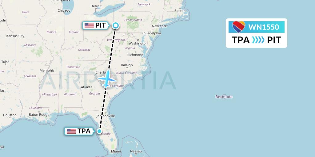 WN1550 Southwest Airlines Flight Map: Tampa to Pittsburgh
