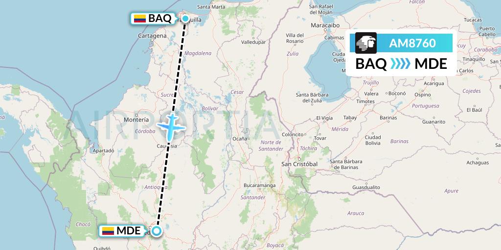 AM8760 Aeromexico Flight Map: Barranquilla to Medellin