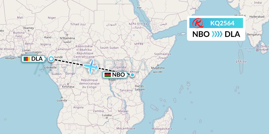 KQ2564 Kenya Airways Flight Map: Nairobi to Douala