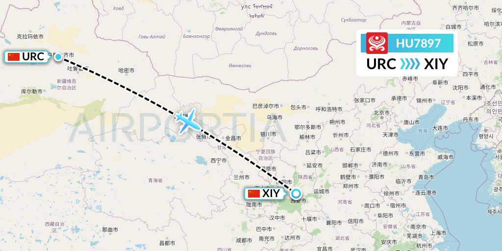 HU7897 Hainan Airlines Flight Map: Urumqi to Xi'an
