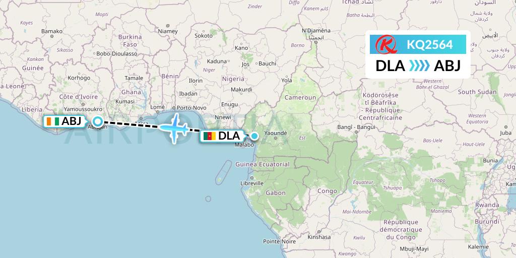 KQ2564 Kenya Airways Flight Map: Douala to Abidjan
