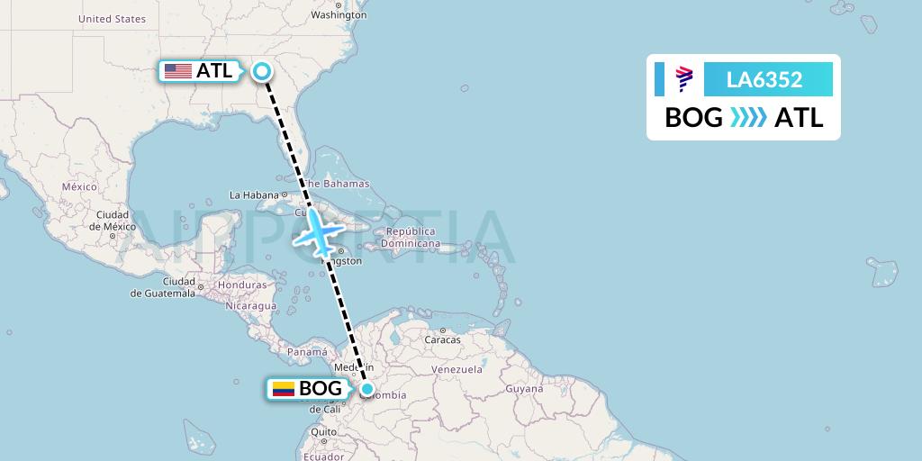 LA6352 LAN Airlines Flight Map: Bogota to Atlanta