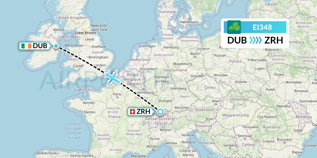 EI348 Aer Lingus Flight Map: Dublin to Zurich