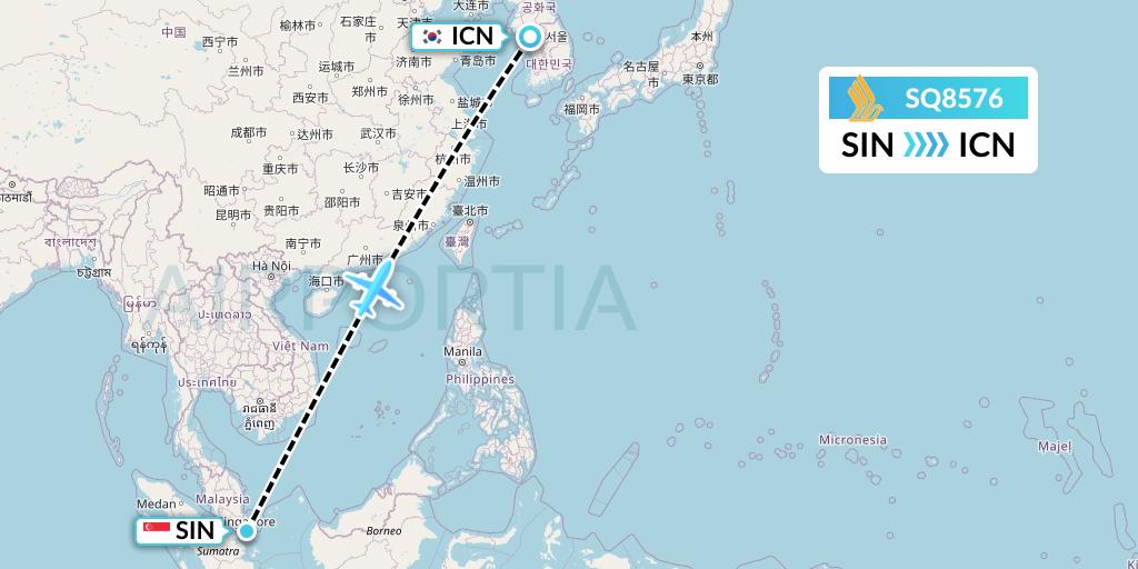 SQ8576 Singapore Airlines Flight Map: Singapore to Seoul