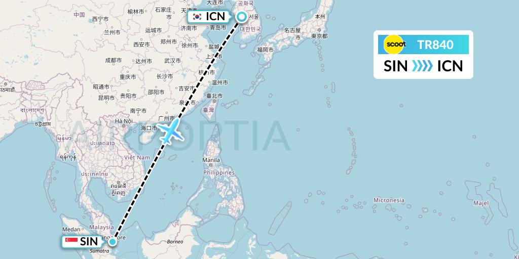 TR840 Tigerair Flight Map: Singapore to Seoul