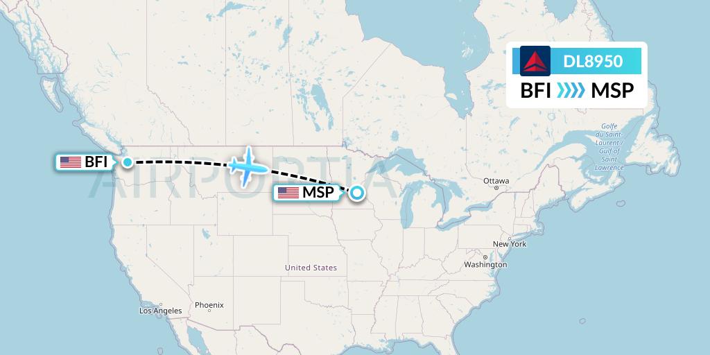 DL8950 Delta Air Lines Flight Map: Seattle to Minneapolis