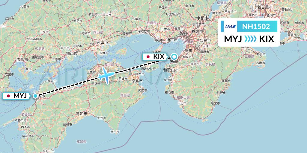 NH1502 All Nippon Airways Flight Map: Matsuyama to Osaka