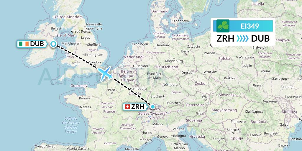 EI349 Aer Lingus Flight Map: Zurich to Dublin
