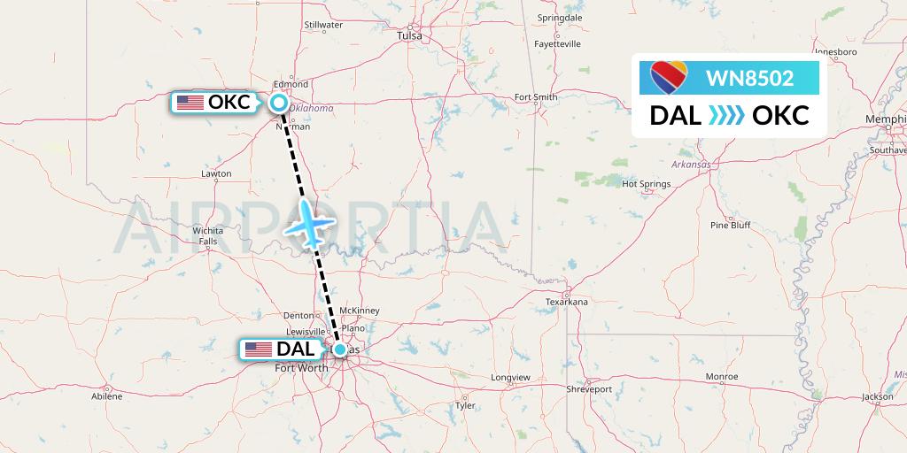 WN8502 Southwest Airlines Flight Map: Dallas to Oklahoma City