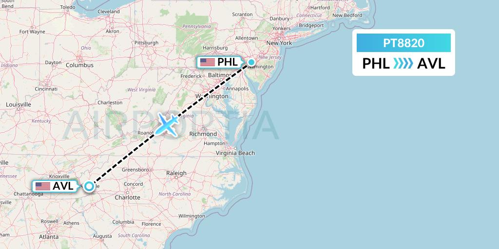 PT8820 Piedmont Airlines Flight Map: Philadelphia to Asheville