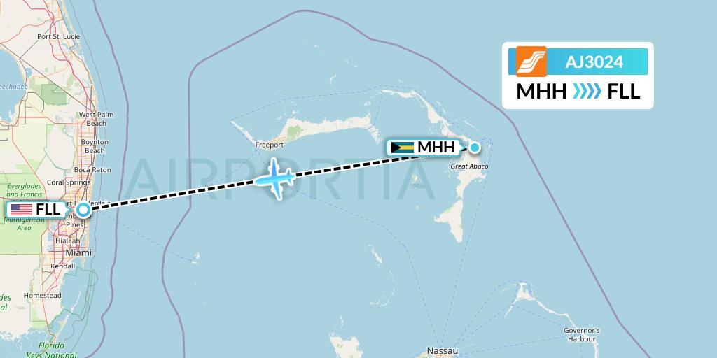 AJ3024 Aztec Airways Flight Map: Marsh Harbour to Fort Lauderdale
