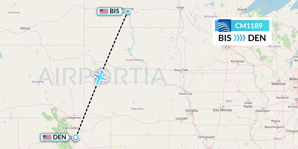 CM1189 Copa Airlines Flight Map: Bismarck to Denver