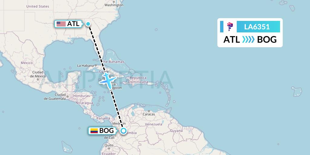 LA6351 LAN Airlines Flight Map: Atlanta to Bogota