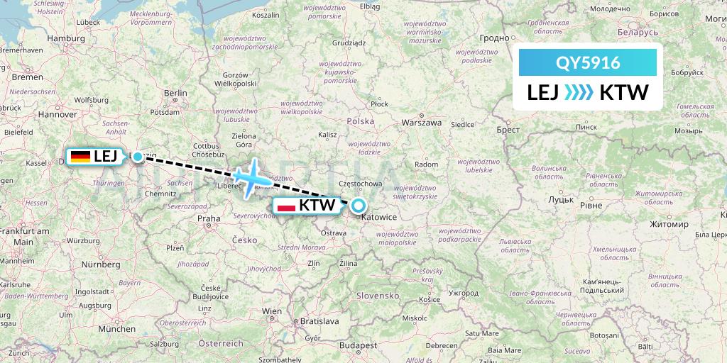 QY5916 European Air Transport Flight Map: Leipzig to Katowice