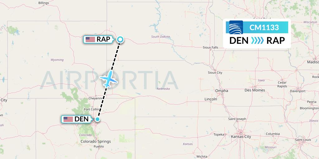 CM1133 Copa Airlines Flight Map: Denver to Rapid City
