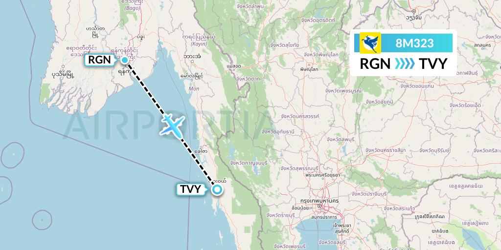 8M323 Myanmar Airways International Flight Map: Yangon to Dawei