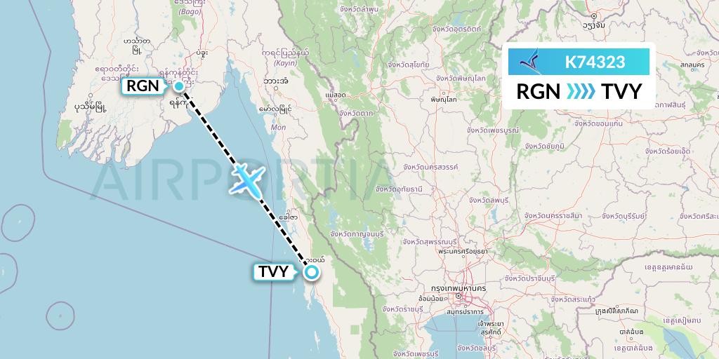K74323 Air KBZ Flight Map: Yangon to Dawei