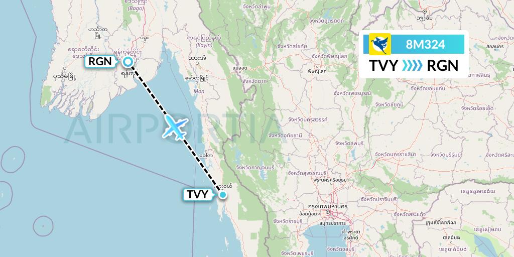 8M324 Myanmar Airways International Flight Map: Dawei to Yangon