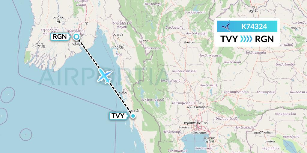 K74324 Air KBZ Flight Map: Dawei to Yangon