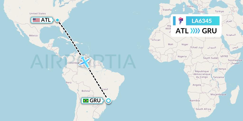 LA6345 LAN Airlines Flight Map: Atlanta to Sao Paulo