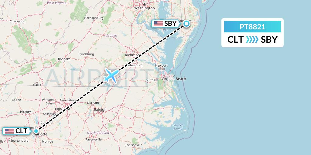 PT8821 Piedmont Airlines Flight Map: Charlotte to Salisbury