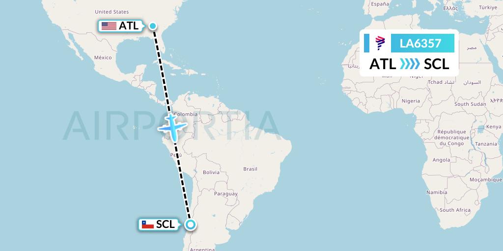 LA6357 LAN Airlines Flight Map: Atlanta to Santiago