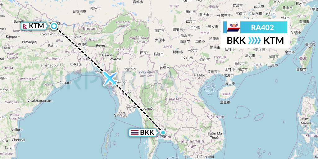 RA402 Royal Nepal Airlines Flight Map: Bangkok to Kathmandu