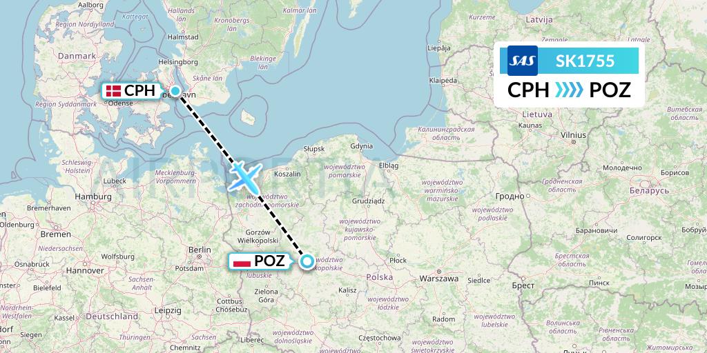 SK1755 SAS Flight Map: Copenhagen to Poznan